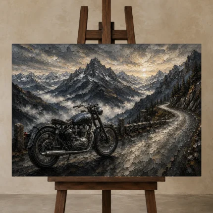 Brushed Chrome Alpine Motorcycle Garage Wall Art Canvas Print shown in Studio Easel