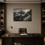 Brushed Chrome Alpine Motorcycle Garage Wall Art Canvas Print displayed in a contemporary gallery-inspired room