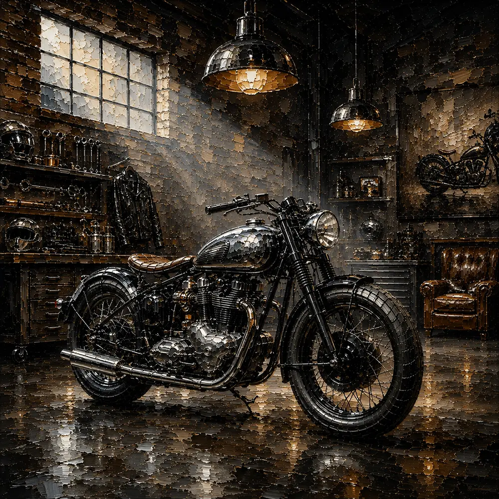 Brushed Chrome Heritage Garage Motorcycle Wall Art Canvas Print