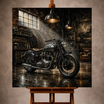 Brushed chrome Motorcycle Garage Wall Art print featuring a vintage motorcycle beneath pendant lights in a heritage brick garage