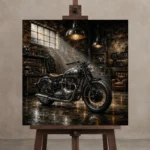 Brushed Chrome Heritage Garage Motorcycle Wall Art Canvas Print displayed on a studio easel