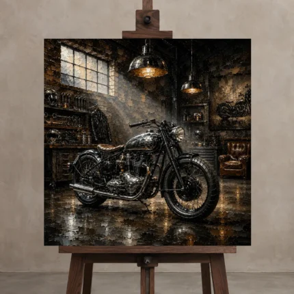 Brushed Chrome Heritage Garage Motorcycle Wall Art Canvas Print shown in Studio Easel