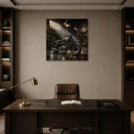 Brushed Chrome Heritage Garage Motorcycle Wall Art Canvas Print displayed in a contemporary gallery-inspired room