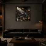 Brushed Chrome Heritage Garage Motorcycle Wall Art Canvas Print shown in a warm modern interior