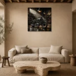 Brushed Chrome Heritage Garage Motorcycle Wall Art Canvas Print presented in a sophisticated home setting