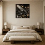 Brushed Chrome Heritage Garage Motorcycle Wall Art Canvas Print showcased in an elegant minimalist interior