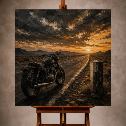 Muted amber Motorcycle Garage Wall Art print featuring a classic motorcycle silhouette beside an endless desert highway