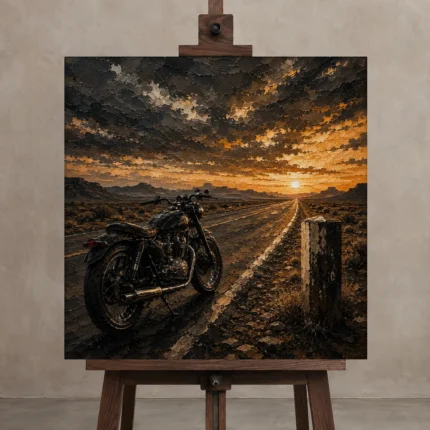 Muted Amber Desert Highway Motorcycle Garage Wall Art Canvas Print displayed on a studio easel