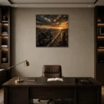 Muted Amber Desert Highway Motorcycle Garage Wall Art Canvas Print displayed in a contemporary gallery-inspired room