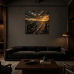 Muted Amber Desert Highway Motorcycle Garage Wall Art Canvas Print shown in a warm modern interior