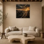 Muted Amber Desert Highway Motorcycle Garage Wall Art Canvas Print presented in a sophisticated home setting