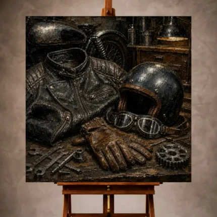 Antique bronze Motorcycle Garage Wall Art print featuring leather riding gear, a vintage helmet, goggles, and workshop tools