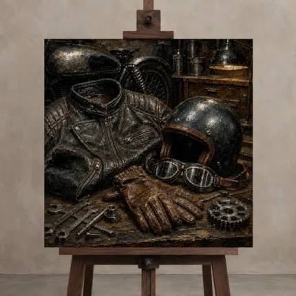 Antique Bronze Riding Gear Motorcycle Garage Wall Art Canvas Print shown in Studio Easel