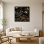 Antique Bronze Riding Gear Motorcycle Garage Wall Art Canvas Print styled in a refined neutral interior