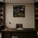 Antique Bronze Riding Gear Motorcycle Garage Wall Art Canvas Print displayed in a contemporary gallery-inspired room