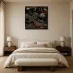 Antique Bronze Riding Gear Motorcycle Garage Wall Art Canvas Print showcased in an elegant minimalist interior