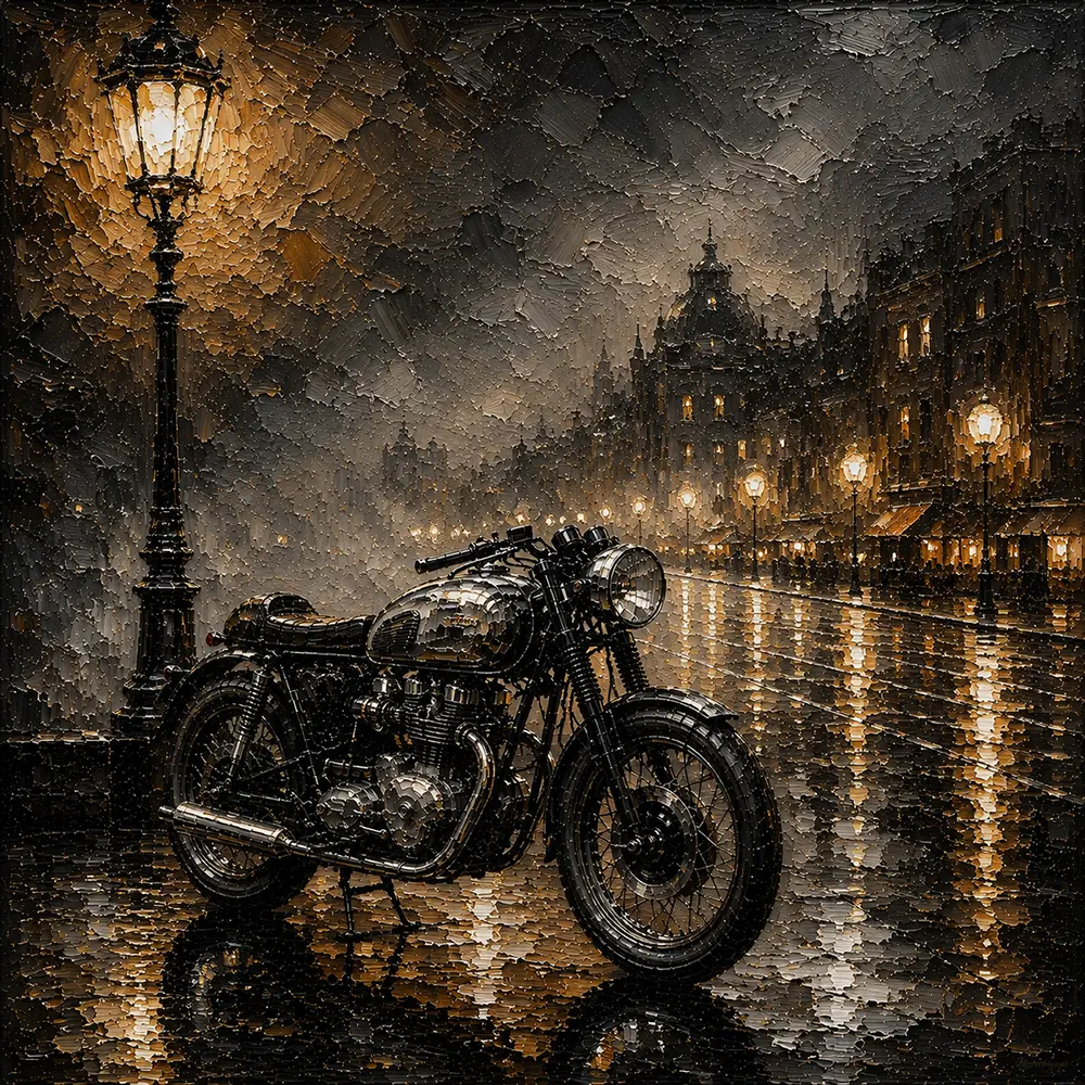 Brushed Silver Rainlit Boulevard Motorcycle Garage Wall Art Canvas Print