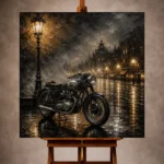 Brushed silver Motorcycle Garage Wall Art print featuring a motorcycle silhouette beneath a streetlamp on a rain-soaked boulevard