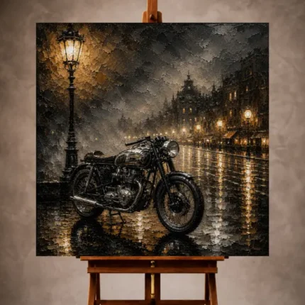 Brushed silver Motorcycle Garage Wall Art print featuring a motorcycle silhouette beneath a streetlamp on a rain-soaked boulevard