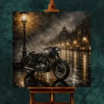 Brushed Silver Rainlit Boulevard Motorcycle Garage Wall Art Canvas Print - Image 2
