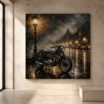 Brushed Silver Rainlit Boulevard Motorcycle Garage Wall Art Canvas Print - Image 3