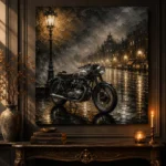 Brushed Silver Rainlit Boulevard Motorcycle Garage Wall Art Canvas Print - Image 4