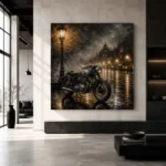 Brushed Silver Rainlit Boulevard Motorcycle Garage Wall Art Canvas Print - Image 5