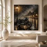 Brushed Silver Rainlit Boulevard Motorcycle Garage Wall Art Canvas Print - Image 8