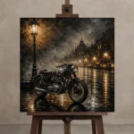 Brushed Silver Rainlit Boulevard Motorcycle Garage Wall Art Canvas Print displayed on a studio easel