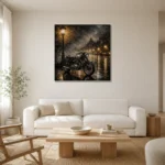 Brushed Silver Rainlit Boulevard Motorcycle Garage Wall Art Canvas Print styled in a refined neutral interior