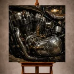 Brushed chrome Motorcycle Garage Wall Art print featuring a handcrafted engine with polished cylinders, exposed gears, and copper fittings