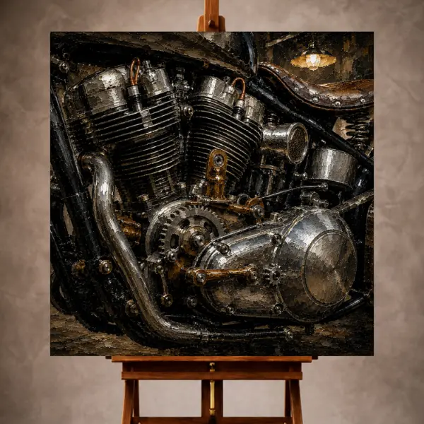 Premium Wall Art Kare Html Edition – THECİNEMAGARA065 Image 1 Brushed chrome Motorcycle Garage Wall Art print featuring a handcrafted engine with polished cylinders, exposed gears, and copper fittings