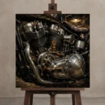 Brushed Chrome Engine Detail Motorcycle Garage Wall Art Canvas Print displayed on a studio easel