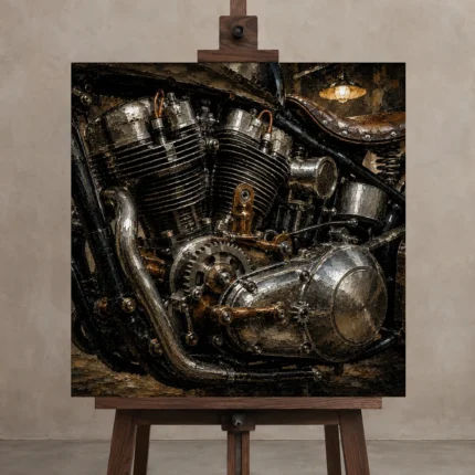 Brushed Chrome Engine Detail Motorcycle Garage Wall Art Canvas Print shown in Studio Easel