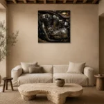 Brushed Chrome Engine Detail Motorcycle Garage Wall Art Canvas Print presented in a sophisticated home setting