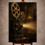 Golden Film Reel Wall Art print featuring a vintage brass projector casting warm light in an elegant theater