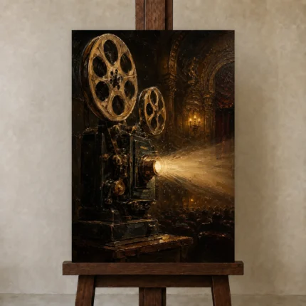 Golden Vintage Projector Film Reel Wall Art Canvas Print shown in Studio Easel