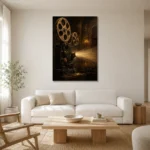 Golden Vintage Projector Film Reel Wall Art Canvas Print styled in a refined neutral interior