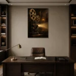 Golden Vintage Projector Film Reel Wall Art Canvas Print displayed in a contemporary gallery-inspired room