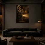 Golden Vintage Projector Film Reel Wall Art Canvas Print shown in a warm modern interior