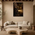 Golden Vintage Projector Film Reel Wall Art Canvas Print presented in a sophisticated home setting