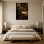 Golden Vintage Projector Film Reel Wall Art Canvas Print showcased in an elegant minimalist interior