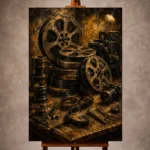 Warm bronze Film Reel Wall Art print featuring stacked antique reels, vintage lenses, and archival strips on a wooden editing table