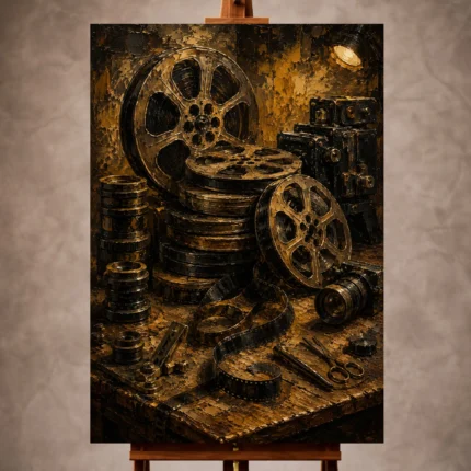 Warm bronze Film Reel Wall Art print featuring stacked antique reels, vintage lenses, and archival strips on a wooden editing table