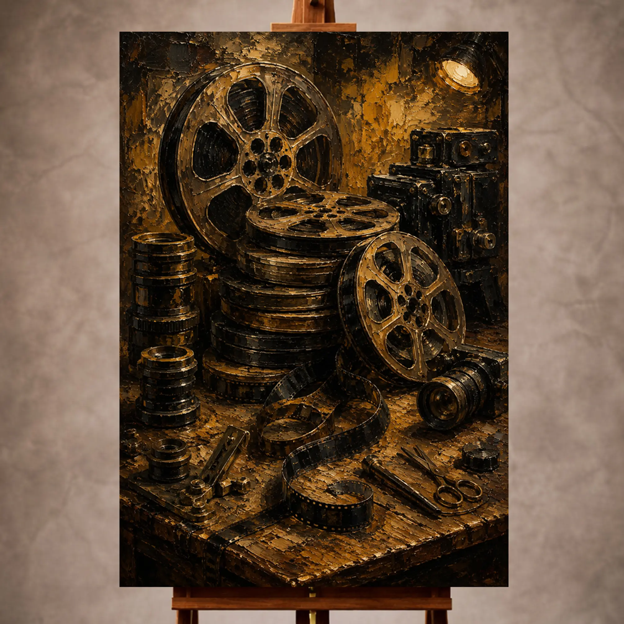Premium Wall Art Dikey Html Edition – THECİNEMAGARA067 Image 1 Warm bronze Film Reel Wall Art print featuring stacked antique reels, vintage lenses, and archival strips on a wooden editing table