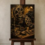 Antique Editing Table Film Reel Wall Art Canvas Print displayed on a studio easel