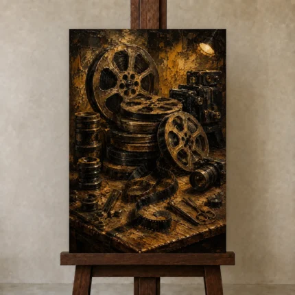 Antique Editing Table Film Reel Wall Art Canvas Print shown in Studio Easel