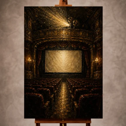 Golden Film Reel Wall Art print featuring velvet theater seats, a silver screen, and a glowing vintage balcony projector