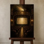 Golden Theater Interior Film Reel Wall Art Canvas Print displayed on a studio easel