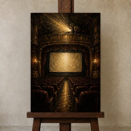 Golden Theater Interior Film Reel Wall Art Canvas Print shown in Studio Easel